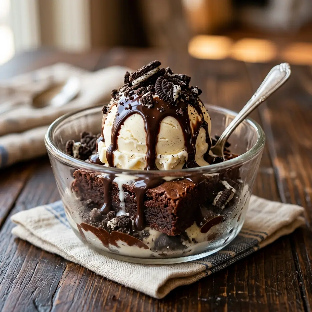 Denny's Hot Fudge Brownie Sundae with vanilla ice cream and hot fudge