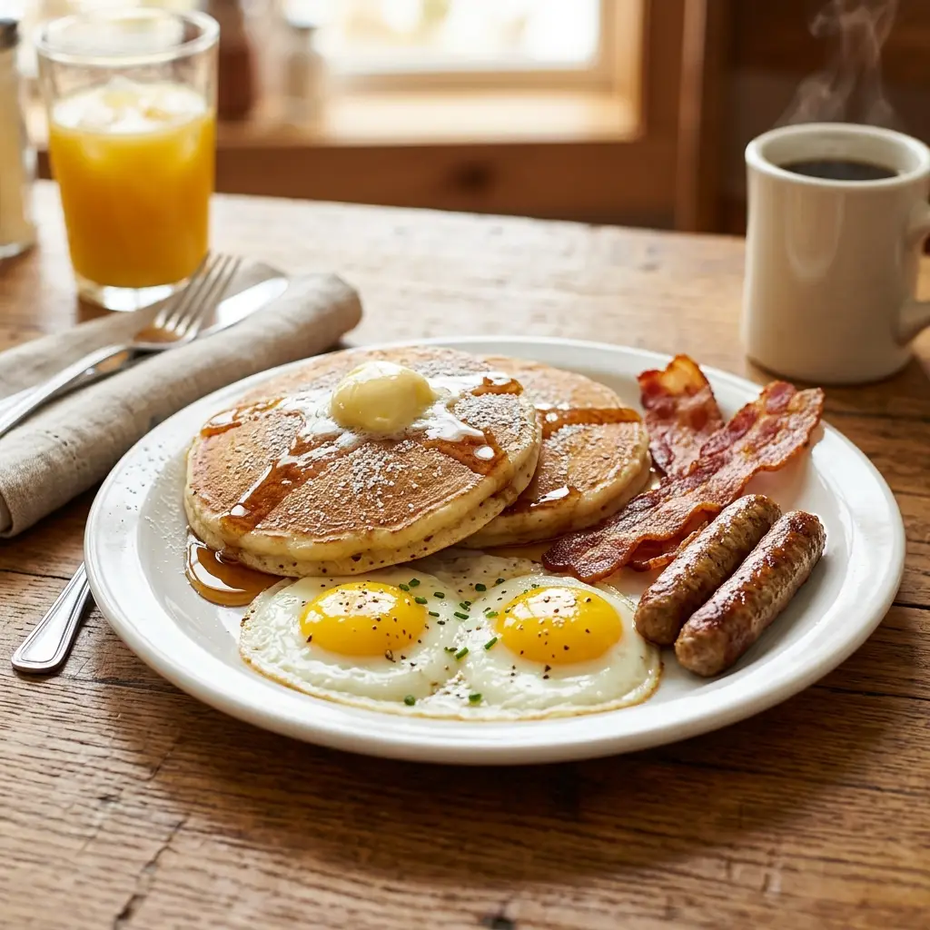Denny's Grand Slam breakfast with pancakes eggs bacon sausage