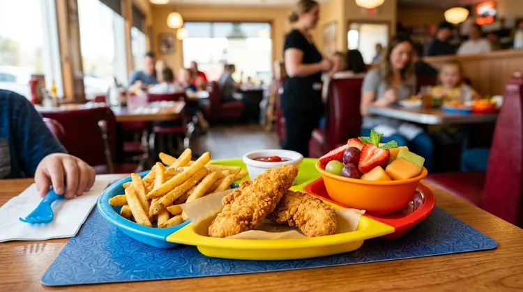 Denny's Kids Menu - Jr. Premium Chicken Tenders with fries and fruit