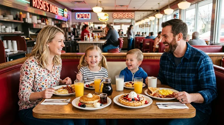 Do Kids Eat Free at Denny's - Family eating breakfast at diner