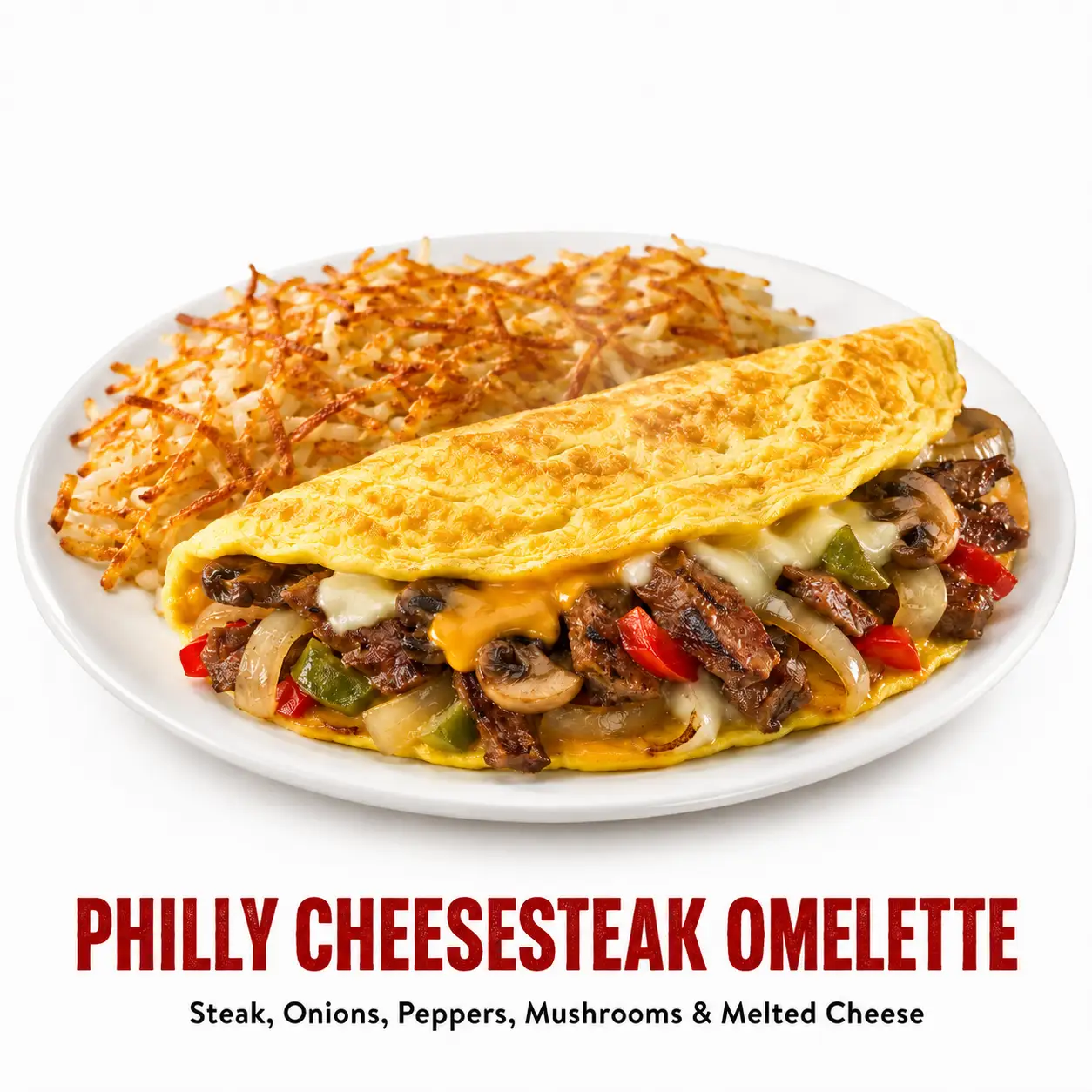 Denny's Philly Cheesesteak Omelette with shaved beef and melted Swiss cheese