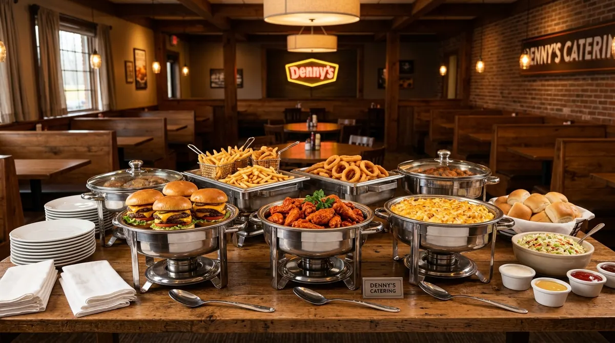 Denny's catering buffet spread with burgers, fries, onion rings, chicken wings and sides