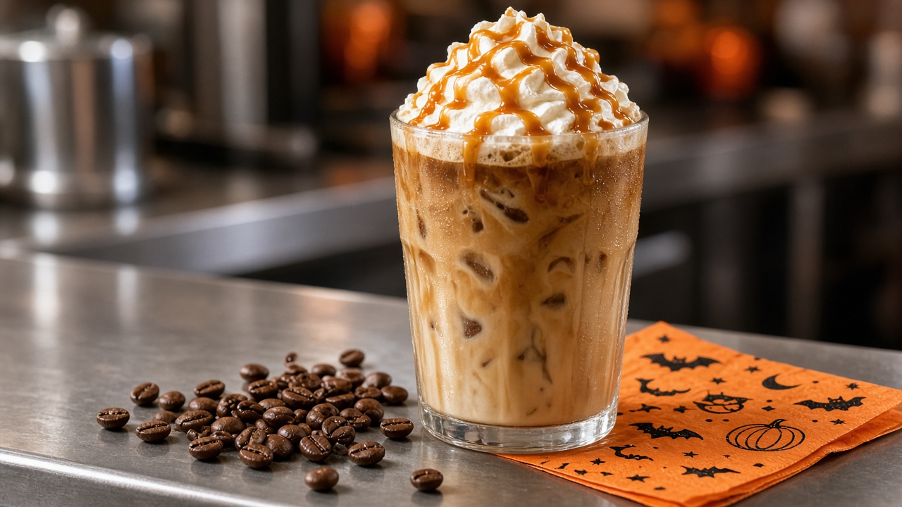 Denny's open on Halloween iced coffee drink on the diner counter