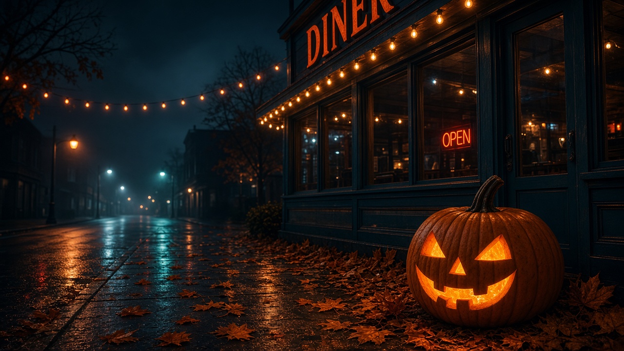 Denny's open on Halloween 2026 diner exterior with pumpkin and autumn lights