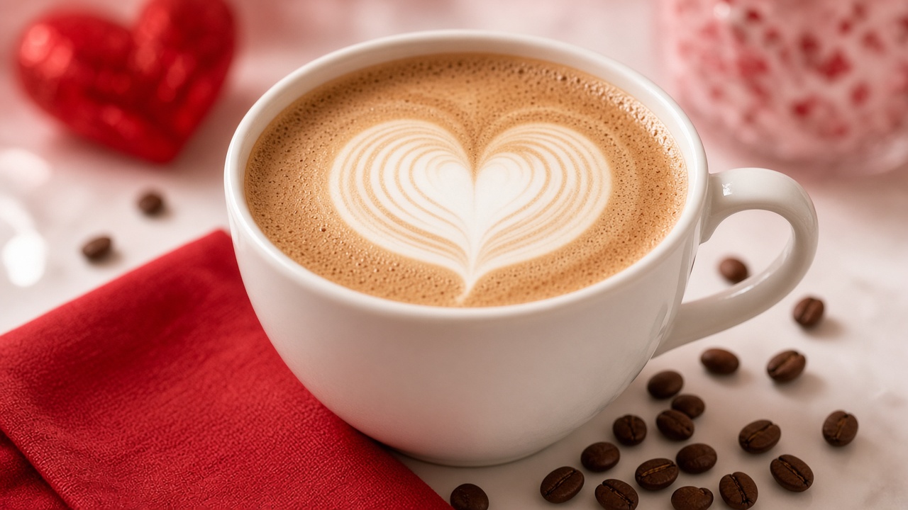 Denny's open on Valentine's Day latte coffee with heart foam art