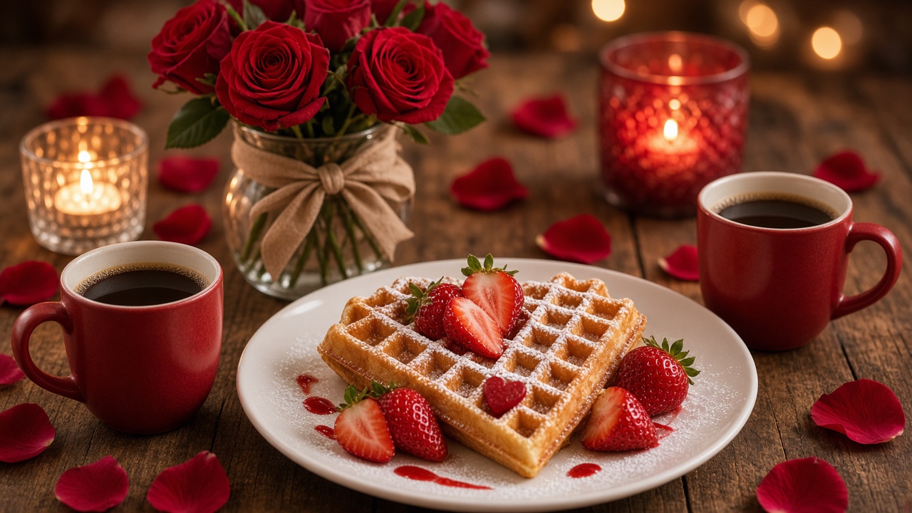 Denny's open on Valentine's Day 2027 diner table with roses coffee and heart waffle